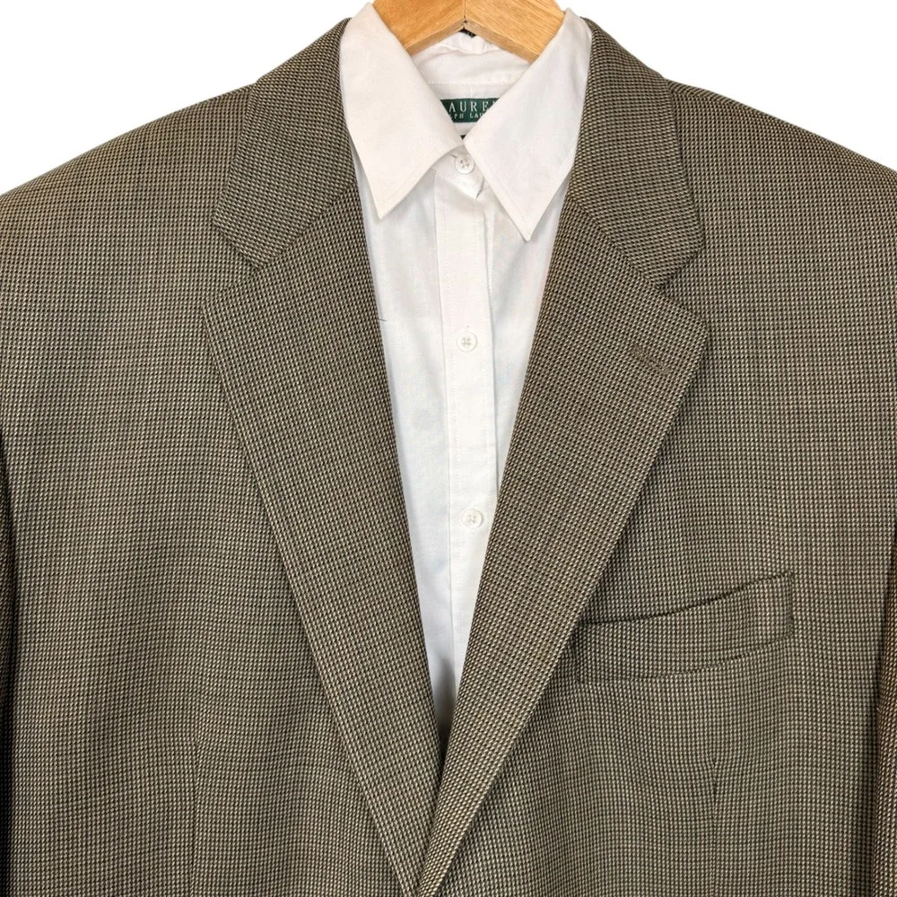 Vtg Lauren Ralph Lauren 100% Wool Houndstooth Sport Coat 48R Tan Made in Canada